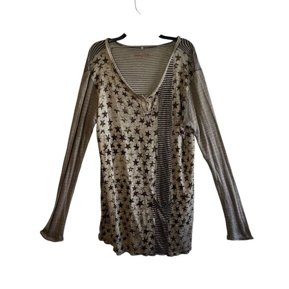 Women's Pete & Greta / Johnny Was Brown Henley Raglan Oversized Stars Stripe Sm - Picture 1 of 10